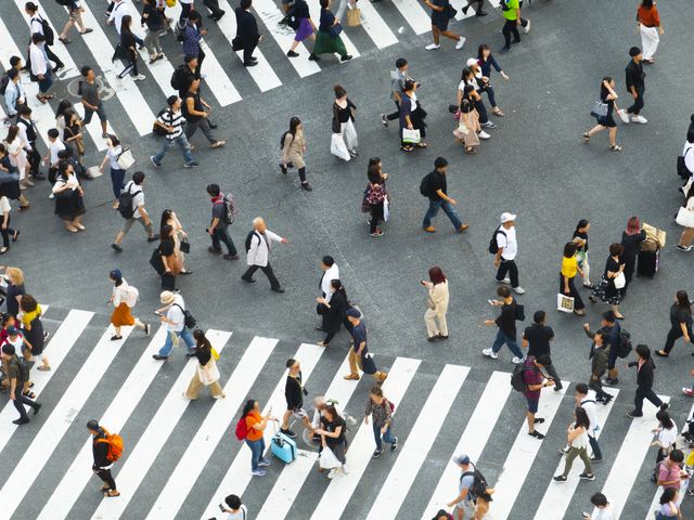 Aerial view of a busy Tokyo crosswalk