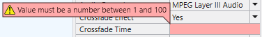 Crossfade Time validation: value must be between 1 and 100.