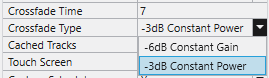Crossfade Type, -3 dB Constant Power (preferred) or -6 dB Constant Gain.