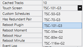 Touch Screen options, choose the TSC panel model the plugin's UI should adapt to.