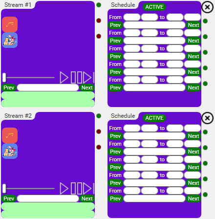 Per-Stream schedule builder card sitting next to a Stream card on the Generic UI page.