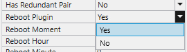 Reboot Plugin dropdown, controls visibility of Reboot Moment / Hour / Minute.