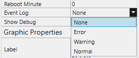 Event Log dropdown, None, Error, Warning, or Normal.