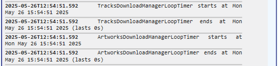 Timers mode: start, end, and total duration of every timer execution.