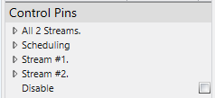 Control Pins panel, main categories per Stream, plus AllStreams and Scheduling.