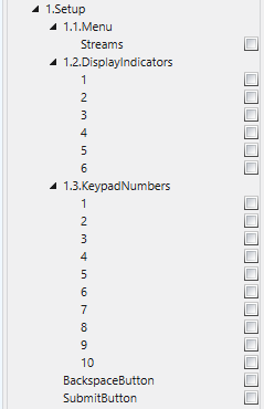 Setup screen Control Pins, Menu, DisplayIndicators, KeypadNumbers.