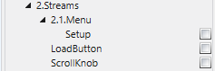 Streams screen Control Pins, Setup, LoadButton, ScrollKnob.