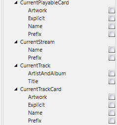 Texts & Images Control Pins, CurrentPlayableCard, CurrentStream, CurrentTrack, CurrentTrackCard.