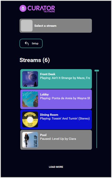 Streams screen, scrollable list of available Streams after login.