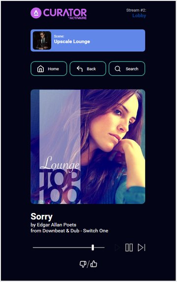 Now Playing, Lounge Top 100 with track artwork, transport controls, and feedback button.