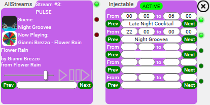 AllStreams card and Injectable schedule builder, sitting side-by-side.