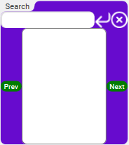 Search card, text box, launch arrow, clear button, paginated results list.