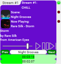 Stream card, metadata, transport controls, station selector, progress and remaining time.