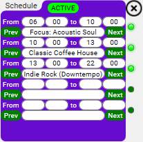Schedule card, toggle, 5 segments with start/end times and station, validity LEDs.